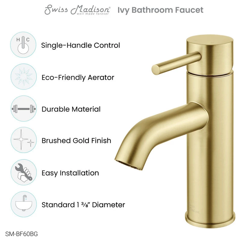 Swiss Madison Ivy Single Hole Single Handle Bathroom Faucet, Brushed Gold 7 Swiss Madison Ivy Single Hole Single Handle Bathroom Faucet, Brushed Gold - Image 7