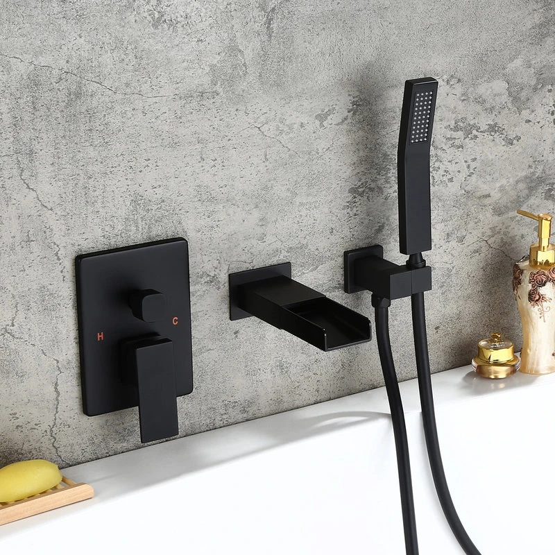 Homary Waterfall Wall-Mount Bathtub Filler Faucet & Handshower, Black 2 Homary Waterfall Wall-Mount Bathtub Filler Faucet & Handshower, Black - Image 2