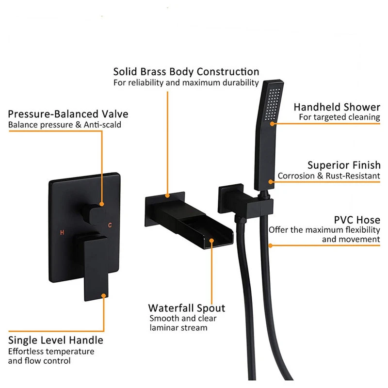 Homary Waterfall Wall-Mount Bathtub Filler Faucet & Handshower, Black 7 Homary Waterfall Wall-Mount Bathtub Filler Faucet & Handshower, Black - Image 7