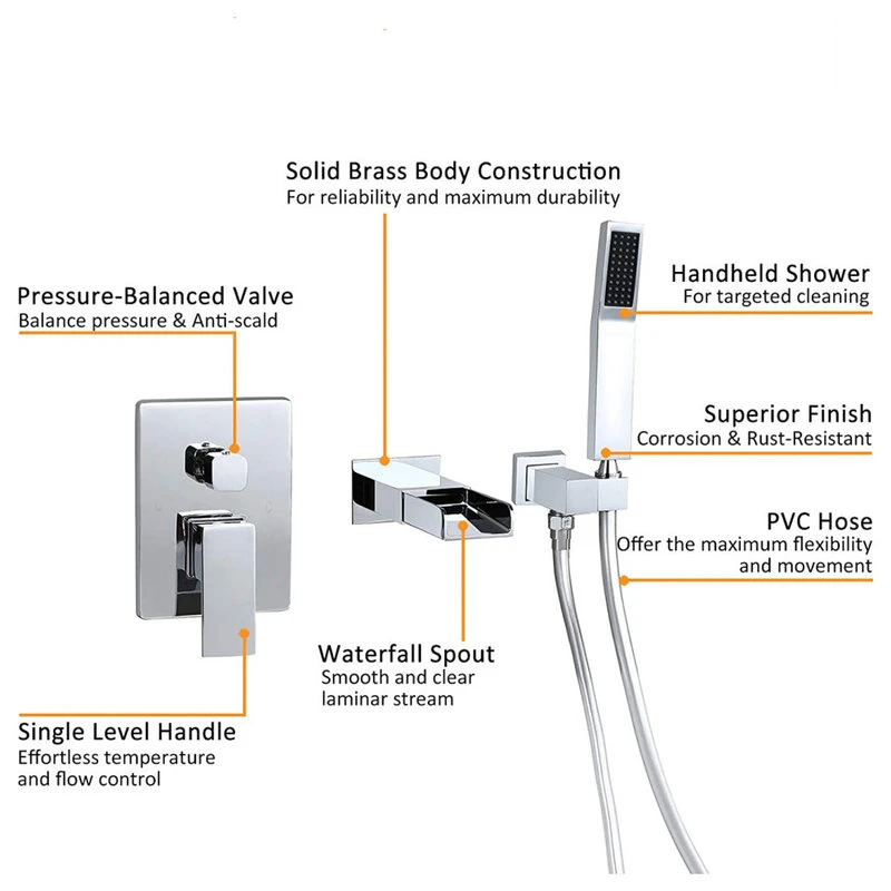 Homary Waterfall Wall-Mount Bathtub Filler Faucet & Handshower, Chrome 7 Homary Waterfall Wall-Mount Bathtub Filler Faucet & Handshower, Chrome - Image 7