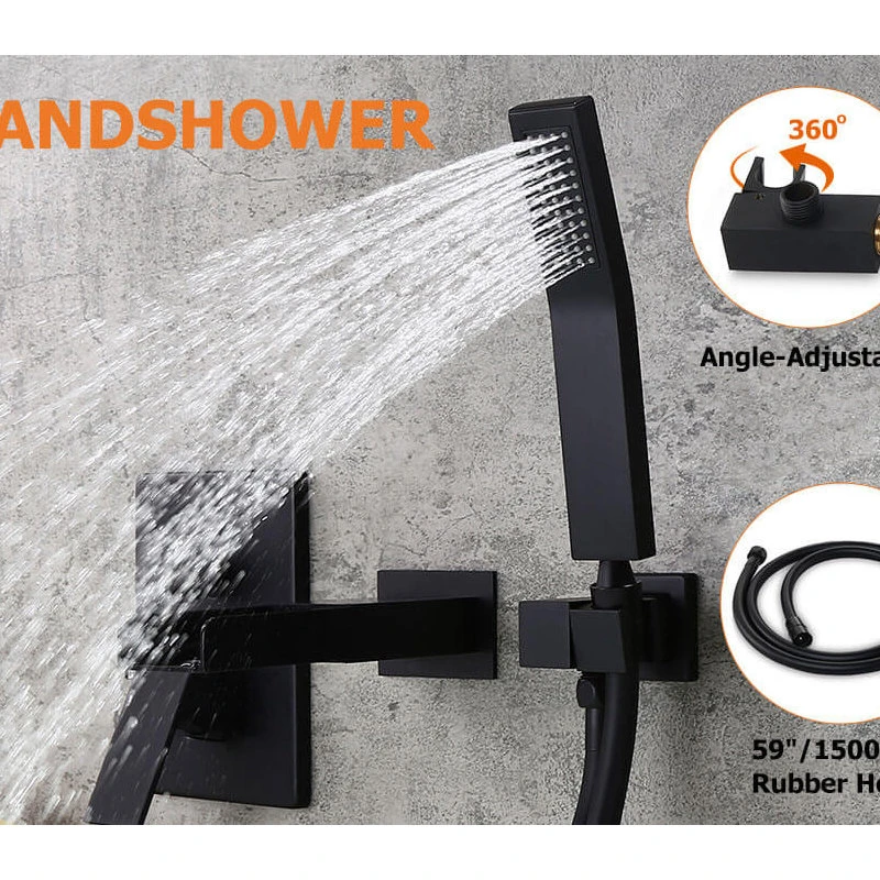 Homary Waterfall Wall-Mount Bathtub Filler Faucet & Handshower, Black 5 Homary Waterfall Wall-Mount Bathtub Filler Faucet & Handshower, Black - Image 5