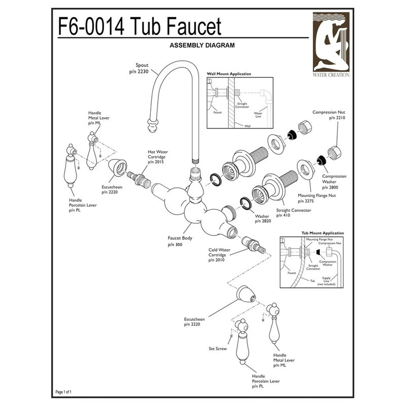 Water Creation Vintage 3-3/8" Center Wall Mount Tub Faucet & Straigght Connector, Lever Handles 2 Water Creation Vintage 3-3/8" Center Wall Mount Tub Faucet & Straigght Connector, Lever Handles - Image 2