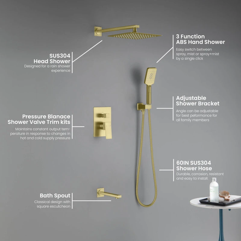 Kibi USA Cube Pressure 3-Function Shower System, Rough-In Valve, Brushed Gold 2 Kibi USA Cube Pressure 3-Function Shower System, Rough-In Valve, Brushed Gold - Image 2