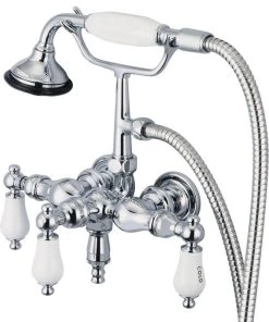 Water Creation Vintage 3-3/8" Center Wall Mount Tub Faucet & Handshower, Labeled Lever Handles