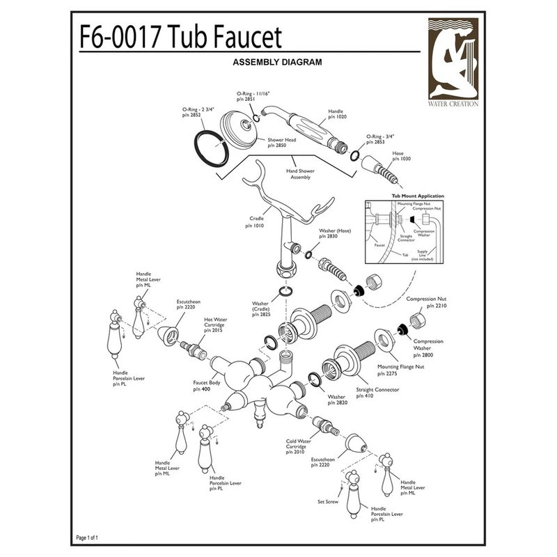 Water Creation Vintage 3-3/8" Center Wall Mount Tub Faucet & Handshower, Labeled Lever Handles 2 Water Creation Vintage 3-3/8" Center Wall Mount Tub Faucet & Handshower, Labeled Lever Handles - Image 2