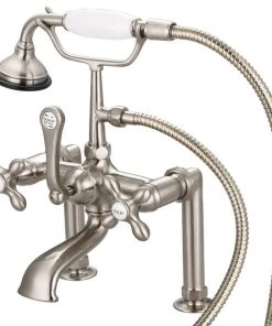 Water Creation Vintage 7" Spread Deck Mount Tub Faucet W/6" Risers & Handshower, Cross Handles