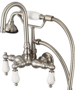 Water Creation Vintage 3-3/8" Center Wall Mount Tub Faucet & Handshower, Labeled Lever Handles