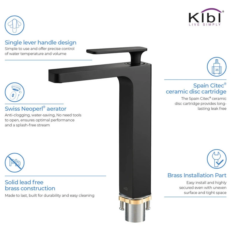 Kibi USA Infinity Single Handle Vessel Sink Faucet KBF1007, Matte Black, W/ Drain 6 Kibi USA Infinity Single Handle Vessel Sink Faucet KBF1007, Matte Black, W/ Drain - Image 6