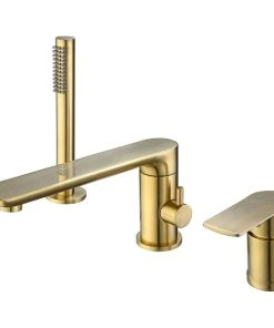 HOMARY Brushed Gold Deck-Mount Roman Bathtub Filler Faucet, Handshower Solid Brass