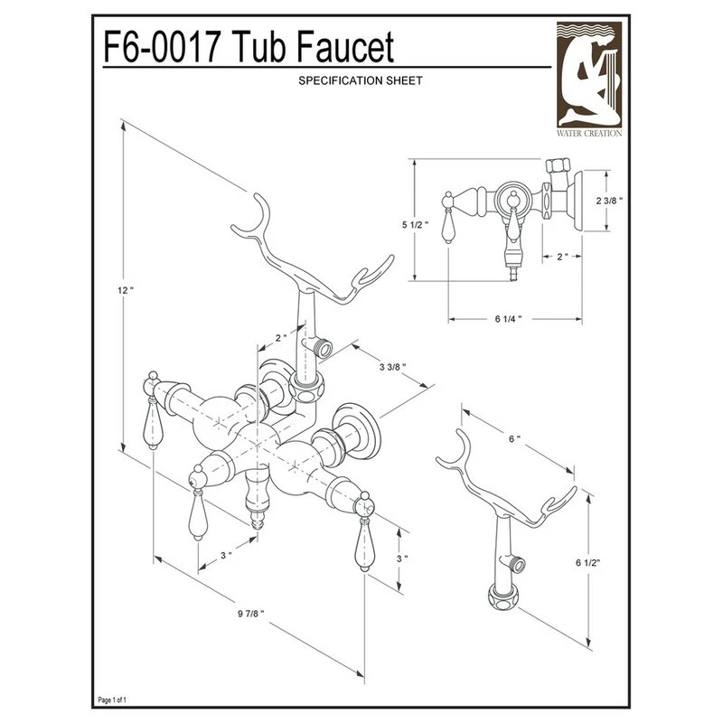 Water Creation Vintage 3-3/8" Center Wall Mount Tub Faucet & Handshower, Labeled Lever Handles 3 Water Creation Vintage 3-3/8" Center Wall Mount Tub Faucet & Handshower, Labeled Lever Handles - Image 3