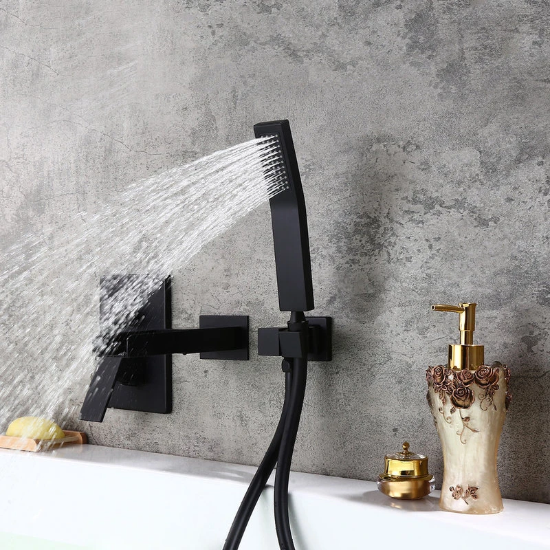 Homary Waterfall Wall-Mount Bathtub Filler Faucet & Handshower, Black 4 Homary Waterfall Wall-Mount Bathtub Filler Faucet & Handshower, Black - Image 4