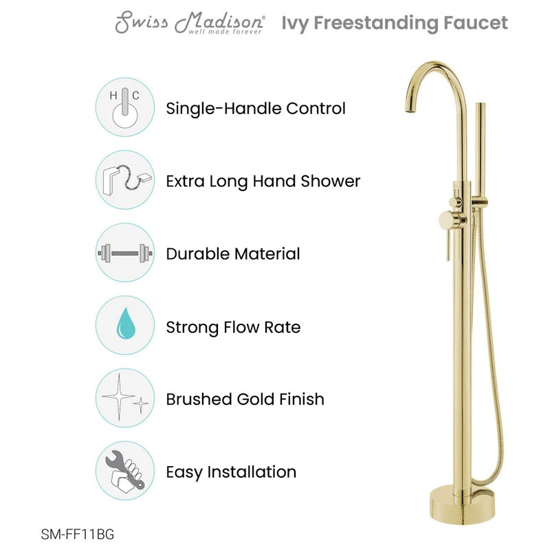 Swiss Madison Ivy Freestanding Bathtub Faucet, Brushed Gold 7 Swiss Madison Ivy Freestanding Bathtub Faucet, Brushed Gold - Image 7