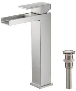 Kibi USA Waterfall Single Handle Vessel Sink Faucet, Brushed Nickel, With Drain