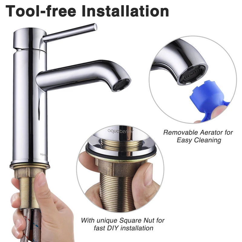 Aquaterior 1 Hole Bathroom Sink Round Faucet 1 Lever Cold & Hot Water Chrome 3 Aquaterior 1 Hole Bathroom Sink Round Faucet 1 Lever Cold & Hot Water Chrome - Image 3