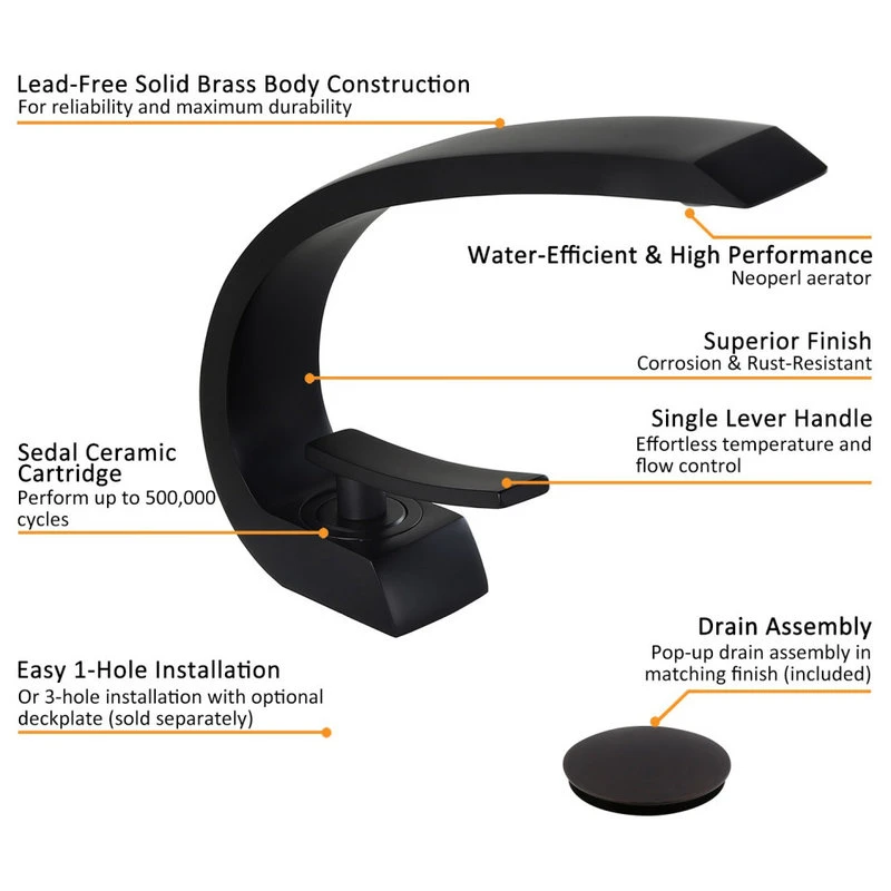 HOMARY Modern 1-Handle Bathroom Sink Faucet With Pop Up Drain, Matte Black 5 HOMARY Modern 1-Handle Bathroom Sink Faucet With Pop Up Drain, Matte Black - Image 5