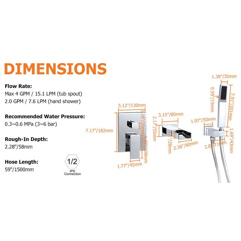 Homary Waterfall Wall-Mount Bathtub Filler Faucet & Handshower, Chrome 5 Homary Waterfall Wall-Mount Bathtub Filler Faucet & Handshower, Chrome - Image 5