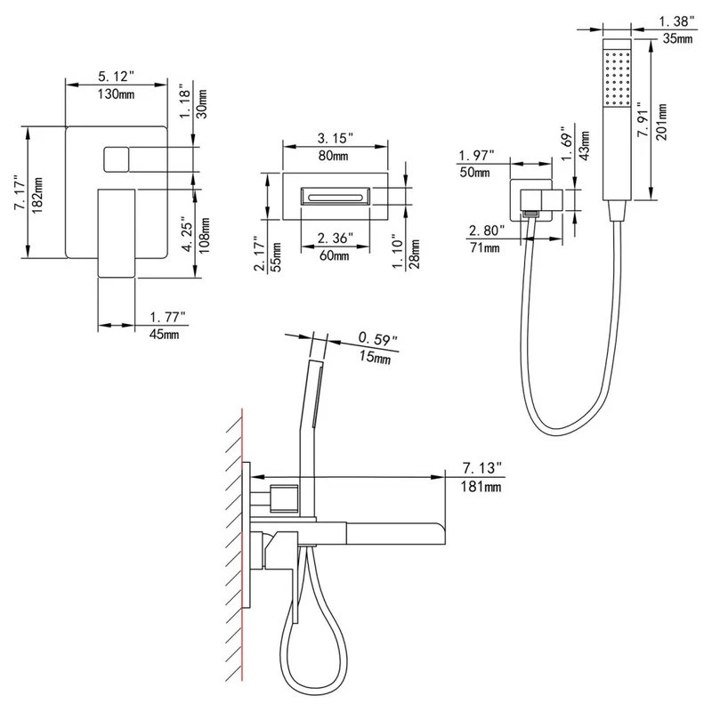 Homary Waterfall Wall-Mount Bathtub Filler Faucet & Handshower, Black 9 Homary Waterfall Wall-Mount Bathtub Filler Faucet & Handshower, Black - Image 9