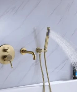 Modland Modern Dual Handle Wall Mounted Tub Spout With Handheld Shower, Brushed Gold -Moen-shop a8211fba02aad2e7 3486 w800 h800 b0 p0