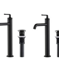 Kraus USA, Inc. Kraus Ramus Single Handle Vessel Faucet, Pop Up Drain, Matte Black, Set Of 2