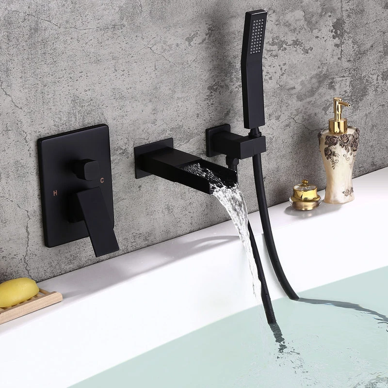 Homary Waterfall Wall-Mount Bathtub Filler Faucet & Handshower, Black 3 Homary Waterfall Wall-Mount Bathtub Filler Faucet & Handshower, Black - Image 3