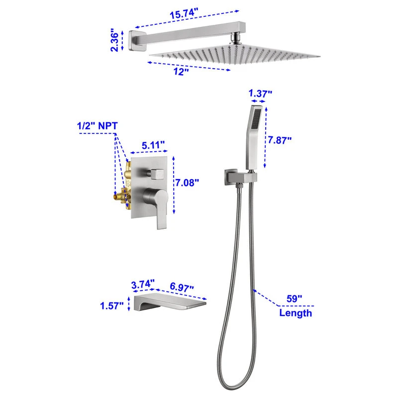 Wellfor Group LLC Wellfor Rainfall Shower System, 12" Rain Shower Head With Handheld Combo Set, Br 9 Wellfor Group LLC Wellfor Rainfall Shower System, 12" Rain Shower Head With Handheld Combo Set, Br - Image 9
