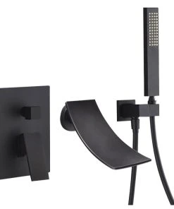 HOMARY Waterfall Wall Mounted Bath Spout Bathtub Faucet With Hand Shower In Matt Black