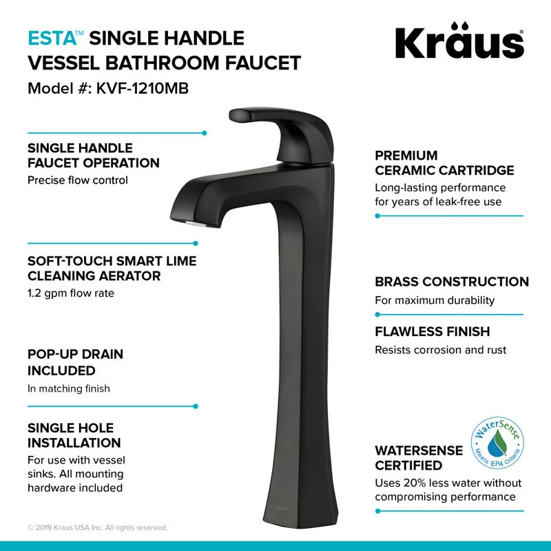Kraus USA, Inc. Esta Single Handle Lever 1-Hole Vessel Bathroom Faucet Matte Black W PU Drain 6 Kraus USA, Inc. Esta Single Handle Lever 1-Hole Vessel Bathroom Faucet Matte Black W PU Drain - Image 6