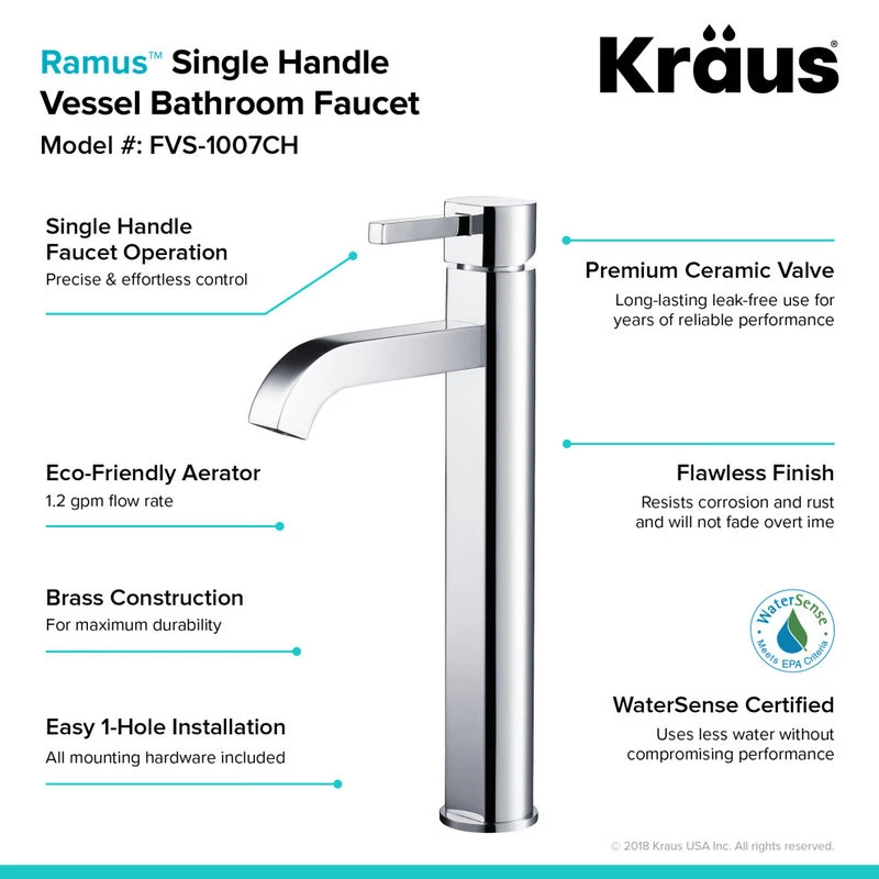 Kraus USA, Inc. Ramus Single Handle 1-Hole Vessel Bathroom Faucet, Chrome 8 Kraus USA, Inc. Ramus Single Handle 1-Hole Vessel Bathroom Faucet, Chrome - Image 8