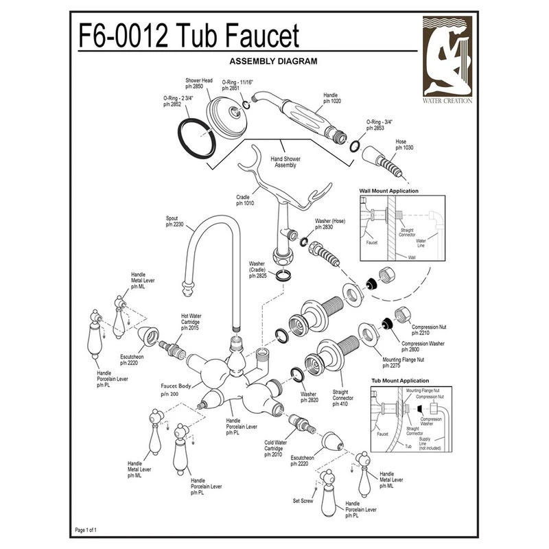 Water Creation Vintage 3-3/8" Center Wall Mount Tub Faucet & Handshower, Labeled Lever Handles 3 Water Creation Vintage 3-3/8" Center Wall Mount Tub Faucet & Handshower, Labeled Lever Handles - Image 3