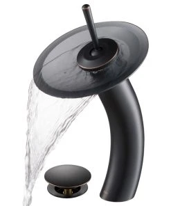 Kraus USA, Inc. Glass Waterfall Vessel Bathroom Faucet Oil Rub Bronze W Drain, Frost Black Glass