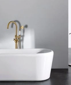 Jims Maison Freestanding Cross Double Handle High Arc Bathtub Faucet With Shower Hose, Gold -Moen-shop cbb187e002442a41 3184 w800 h800 b0 p0