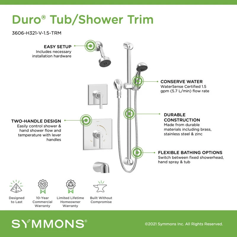 Symmons Duro Shower Trim Kit, Tub Spout, Single Spray, Hand Spray, Polished Chrome 4 Symmons Duro Shower Trim Kit, Tub Spout, Single Spray, Hand Spray, Polished Chrome - Image 4