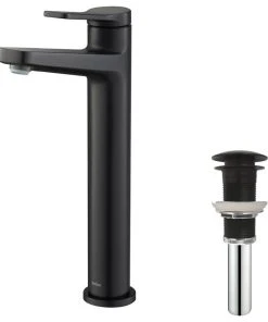 Kraus USA, Inc. Indy Single Handle Lever 1-Hole Vessel Bathroom Faucet Matte Black With PU Drain