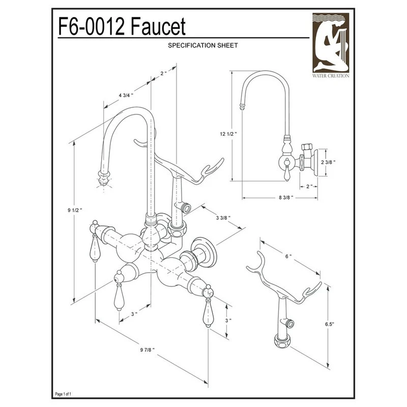 Water Creation Vintage 3-3/8" Center Wall Mount Tub Faucet & Handshower, Labeled Lever Handles 4 Water Creation Vintage 3-3/8" Center Wall Mount Tub Faucet & Handshower, Labeled Lever Handles - Image 4