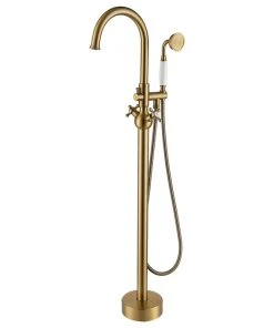 Jims Maison Freestanding Cross Double Handle High Arc Bathtub Faucet With Shower Hose, Gold