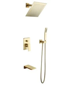 HOMARY Wall Mount 10" Rainshower Hand Shower And Tub Spout Shower System, Brushed Gold