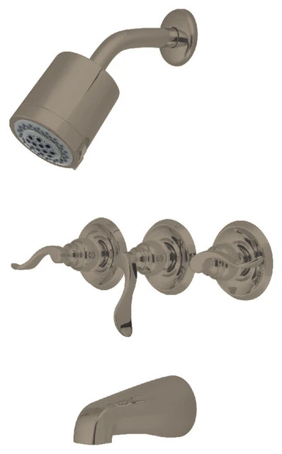 Kingston Brass Three-Handle Tub And Shower Faucet, Brushed Nickel 1 Kingston Brass Three-Handle Tub And Shower Faucet, Brushed Nickel