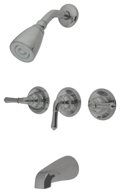 Kingston Brass Three-Handle Tub And Shower Faucet, Brushed Nickel 1 Kingston Brass Three-Handle Tub And Shower Faucet, Brushed Nickel